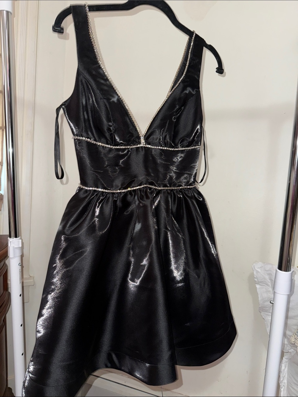 B Darlin Black Satin Mini Dress with Crystal Trim